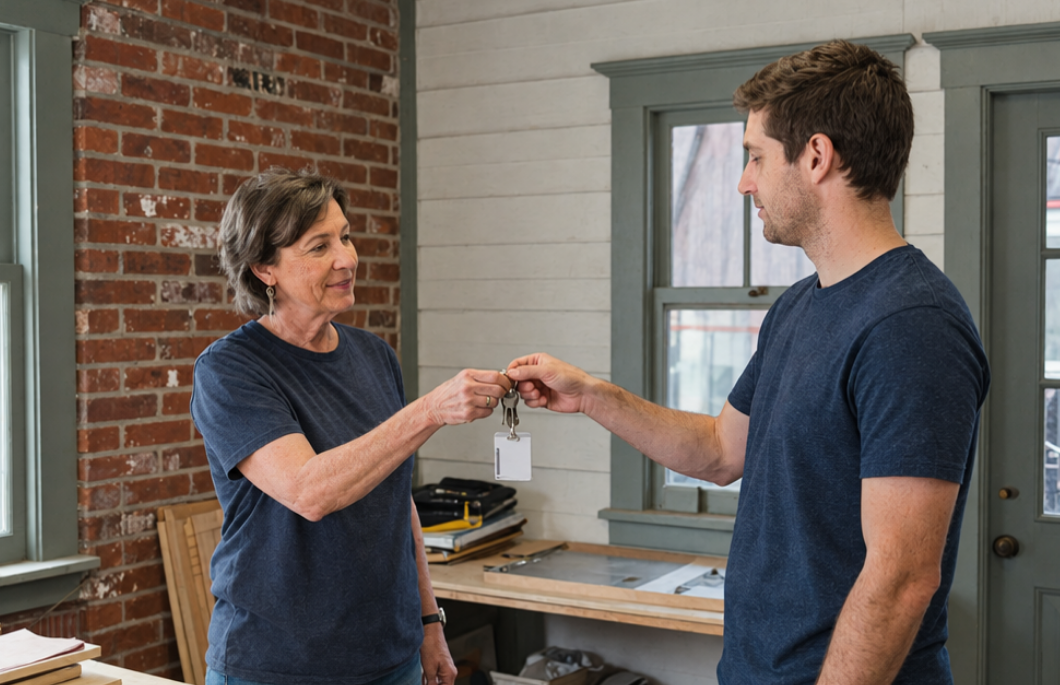 Business owner organizing office keys and employee access credentials