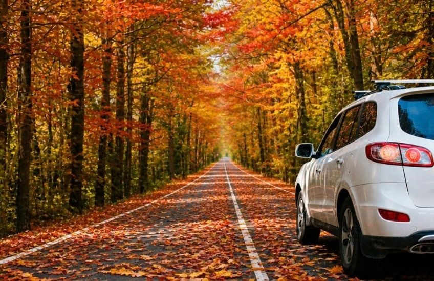 Car traveling on a New England road covered with colorful fall leaves