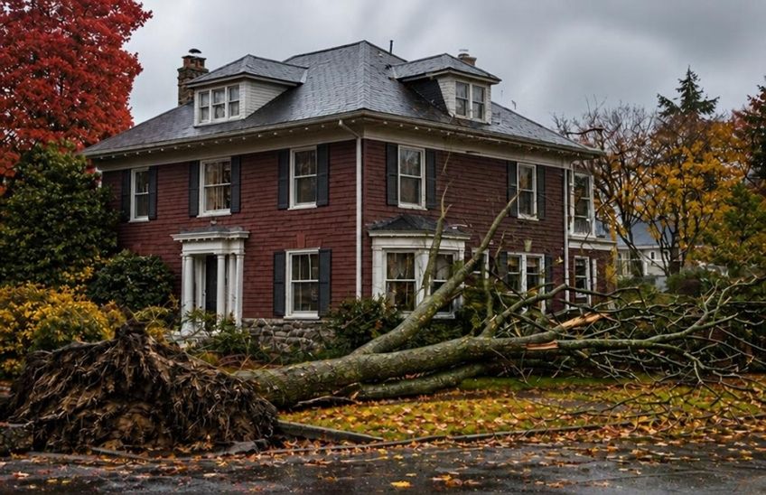 allen tree beside a Massachusetts home after an autumn storm