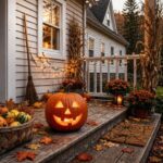 Decorated front porch ready for guests and trick-or-treaters at a Halloween party