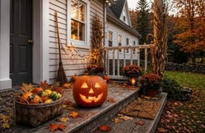 Decorated front porch ready for guests and trick-or-treaters at a Halloween party